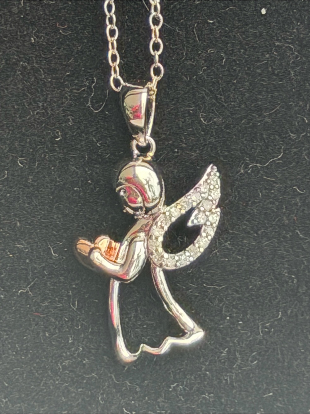 Silver Angel Pendant Necklace with Natural Diamond Accent Wing
